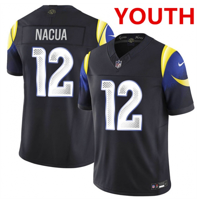 Youth los angeles rams #12 puka nacua midnight blue 2025 f.u.s.e. “rivalries” vapor limited football stitched jersey