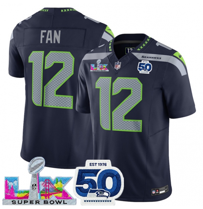 Men's Seattle Seahawks #12 Fan Navy 2025 F.U.S.E. Super Bowl LX And 50th Season Vapor Limited Football Stitched Jersey