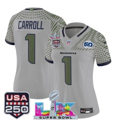 Women's Seattle Seahawks #1 Pete Carroll Gray 2025 F.U.S.E. Super Bowl LX & US 250th anniversary And 50th Season“Rivalries” Vapor Limited Football Stitched
