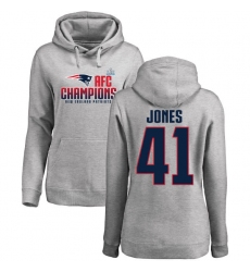 Women's Nike New England Patriots #41 Cyrus Jones Heather Gray 2017 AFC Champions Pullover Hoodie