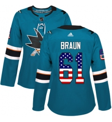 Women's Adidas San Jose Sharks #61 Justin Braun Authentic Teal Green USA Flag Fashion NHL Jersey