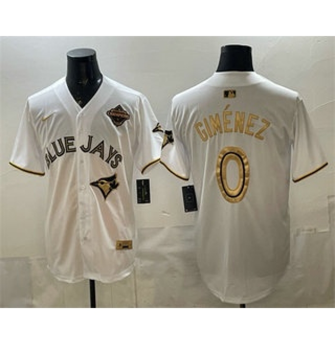 Men's Toronto Blue Jays #0 Andres Gimenez White Gold 2025 American League Champions Limited Jersey