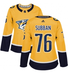 Women's Adidas Nashville Predators #76 P.K Subban Authentic Gold Home NHL Jersey