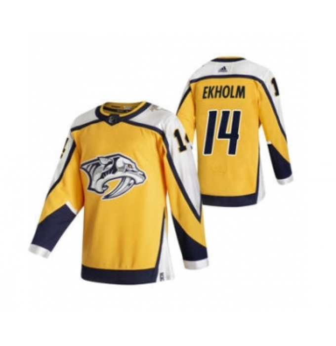 Men's Nashville Predators #14 Mattias Ekholm Yellow 2020-21 Reverse Retro Alternate Hockey Jersey