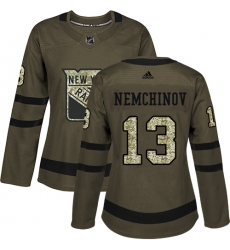 Women's Adidas New York Rangers #13 Sergei Nemchinov Authentic Green Salute to Service NHL Jersey