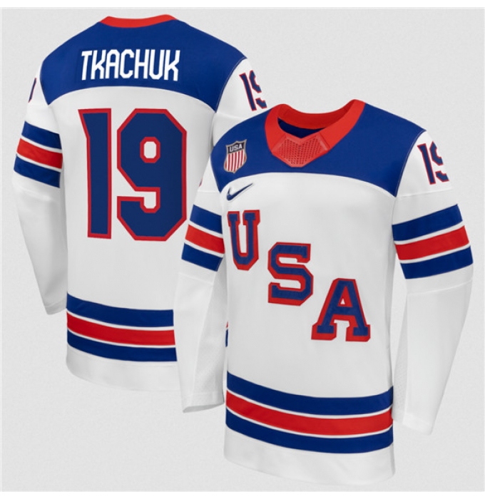 Men's USA #19 Matthew Tkachuk White 2026 Stitched Jersey