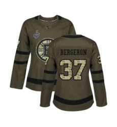 Women's Boston Bruins #37 Patrice Bergeron Authentic Green Salute to Service 2019 Stanley Cup Final Bound Hockey Jersey