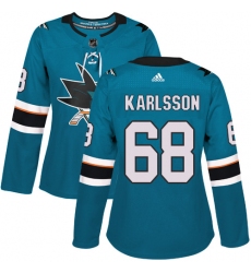 Women's Adidas San Jose Sharks #68 Melker Karlsson Premier Teal Green Home NHL Jersey
