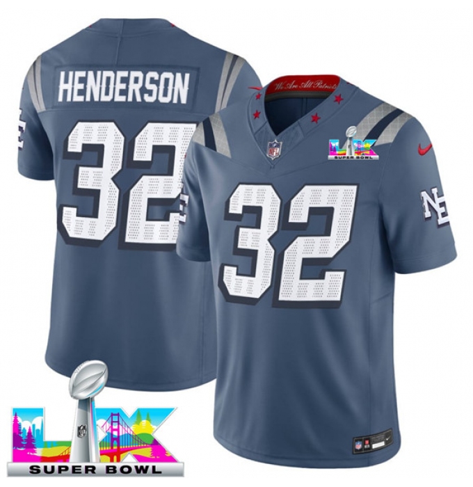 Men's New England Patriots #32 TreVeyon Henderson Storm Blue 2025 F.U.S.E. Super Bowl LX “Rivalries” Vapor Limited Football Stitched Jersey