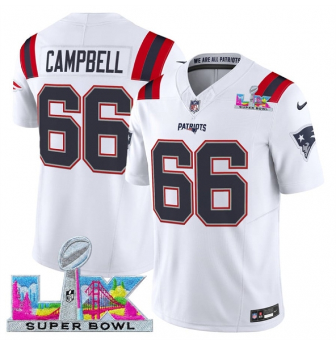 Men's New England Patriots #66 Will Campbell White 2025 F.U.S.E. Super Bowl LX Vapor Limited Football Stitched Jersey