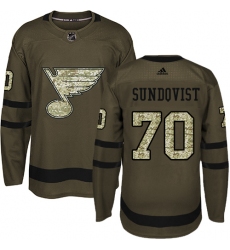 Men's Adidas St. Louis Blues #70 Oskar Sundqvist Authentic Green Salute to Service NHL Jersey