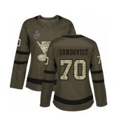 Women's St. Louis Blues #70 Oskar Sundqvist Authentic Green Salute to Service 2019 Stanley Cup Final Bound Hockey Jersey
