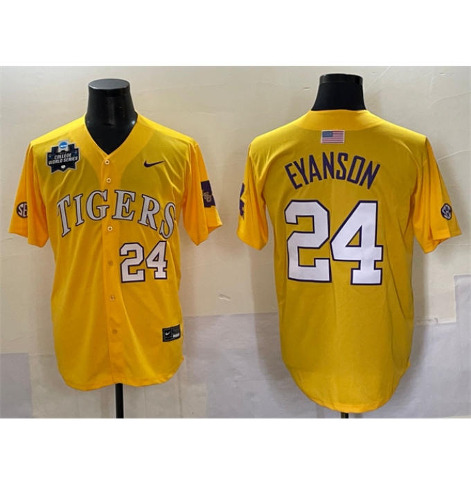 Men's LSU Tigers #24 Anthony Eyanson Gold 2025 World Series & SEC Patch Stitched Baseball Jersey