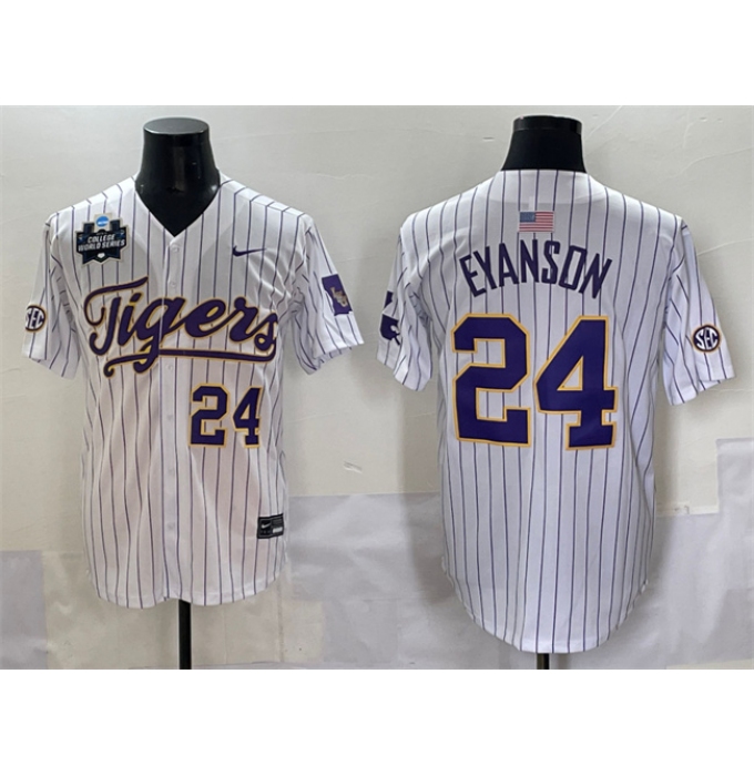 Men's LSU Tigers #24 Anthony Eyanson White Pinstripe 2025 World Series & SEC Patch Stitched Baseball Jersey