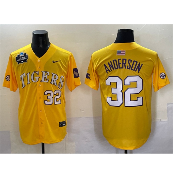 Men's LSU Tigers #32 Kade Anderson Gold 2025 World Series & SEC Patch Stitched Baseball Jersey