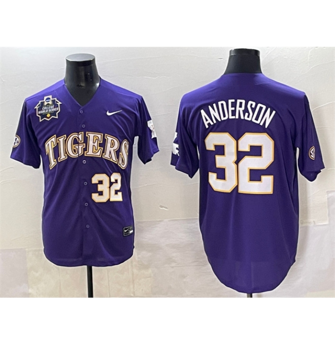 Men's LSU Tigers #32 Kade Anderson Purple 2025 World Series & SEC Patch Stitched Baseball Jersey