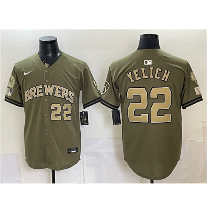 Men's Milwaukee Brewers #22 Christian Yelich Olive 2026 Armed Forces Day Stitched Baseball Jersey