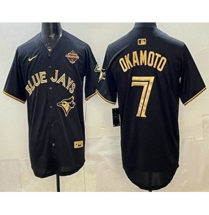 Men's Toronto Blue Jays #7 Kazuma Okamoto Black Gold 2025 American League Champions Limited Stitched Jersey