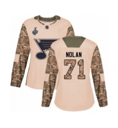 Women's St. Louis Blues #71 Jordan Nolan Authentic Camo Veterans Day Practice 2019 Stanley Cup Final Bound Hockey Jersey