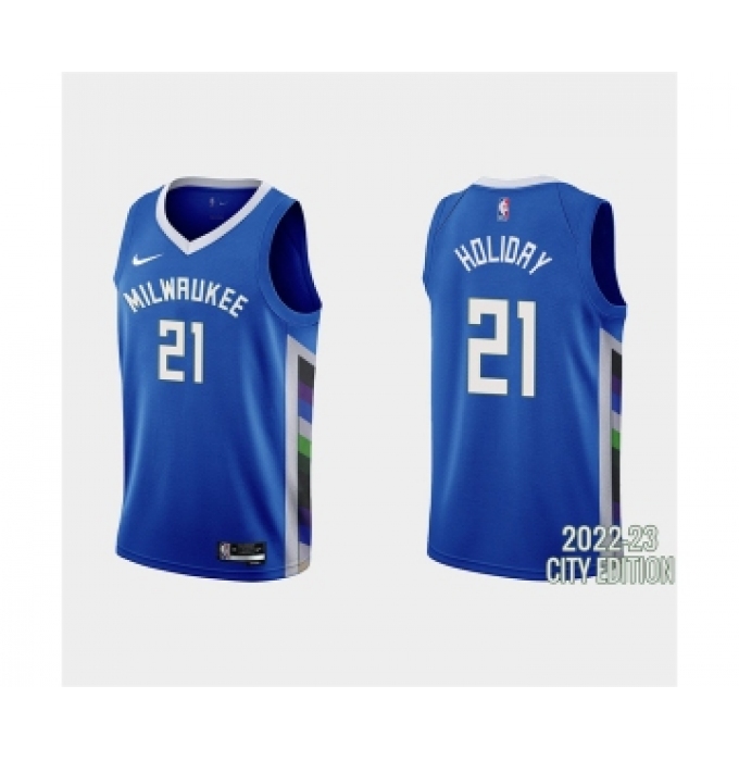 Men's Milwaukee Bucks #21 Jrue Holiday 2022-23 City Edition Blue Stitched Basketball Jersey