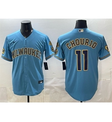 Men's Milwaukee Brewers #11 Jackson Chourio Blue With Home & Bob Uecker Stitched Baseball Jersey