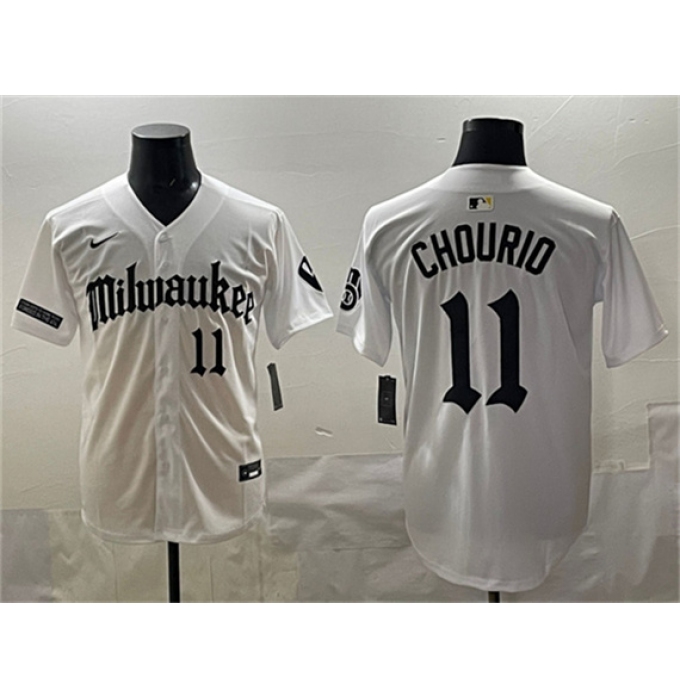 Men's Milwaukee Brewers #11 Jackson Chourio White 'Gothic 414 Shadows Edition' Vapor Premier Limited Stitched Jersey