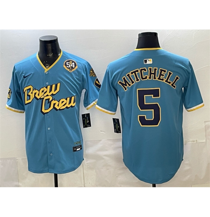 Men's Milwaukee Brewers #5 Garrett Mitchell Powder Blue City Connect With Home & Bob Uecker Limited Stitched Baseball Jersey