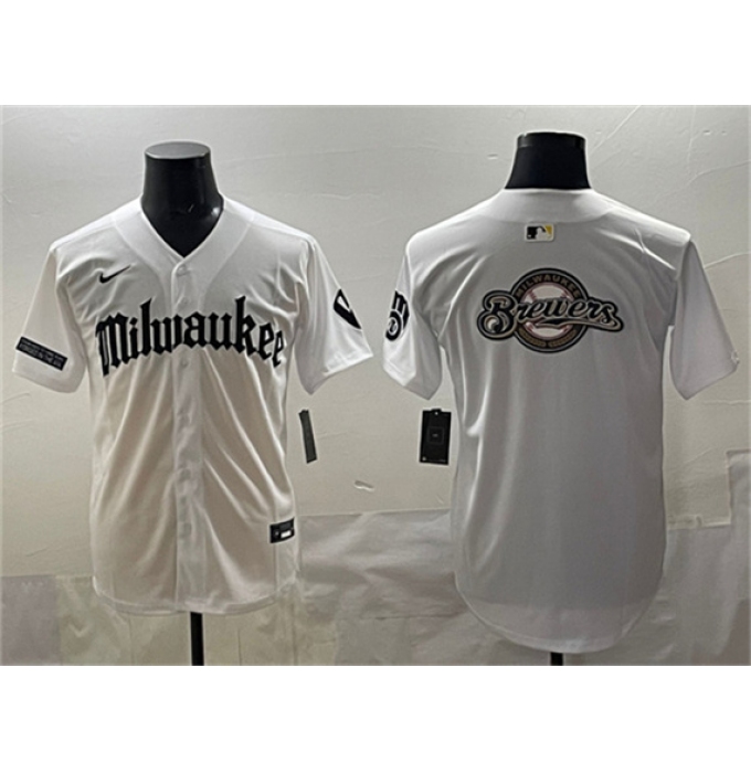 Men's Milwaukee Brewers Team Big Logo White 'Gothic 414 Shadows Edition' Vapor Premier Limited Stitched Jersey