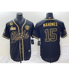 Men's Kansas City Chiefs #15 Patrick Mahomes Black Gold C Super Bowl LVII Cool Base Stitched Baseball Jersey