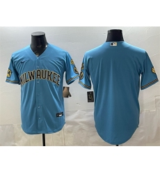 Men's Milwaukee Brewers Blank Blue With Home & Bob Uecker Stitched Baseball Jersey