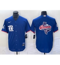 Mens Texas Rangers Royal 2023 World Series Champions Big Logo Cool Base Stitched Baseball Jersey