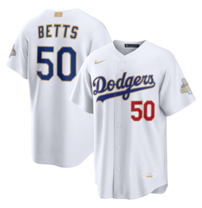Men's Los Angeles Dodgers #50 Mookie Betts Nike White 2026 Gold Collection Stadium Jersey