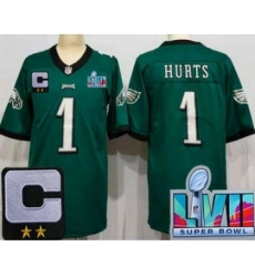 Men's Philadelphia Eagles #1 Jalen Hurts Limited Green C Patch Super Bowl LVII Vapor Jersey