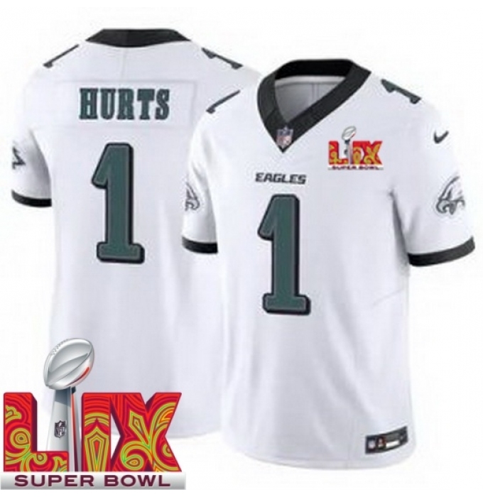 Men's Philadelphia Eagles Jalen Hurts #1 White 2024 2025 Super Bowl LIX F U S E Stitched NFL Jersey
