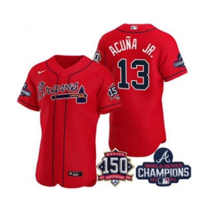 Men's Atlanta Braves #13 Ronald Acuna Jr. 2021 Red World Series Champions With 150th Anniversary Flex Base Stitched Jersey