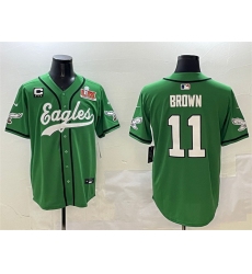 Men's Philadelphia Eagles #11 A.J. Brown Green 2025 Super Bowl LIX And 3-Star C Stitched Baseball Jersey