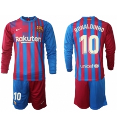 Men 2021-2022 Club Barcelona home red blue Long Sleeve 10 Nike Soccer Jersey