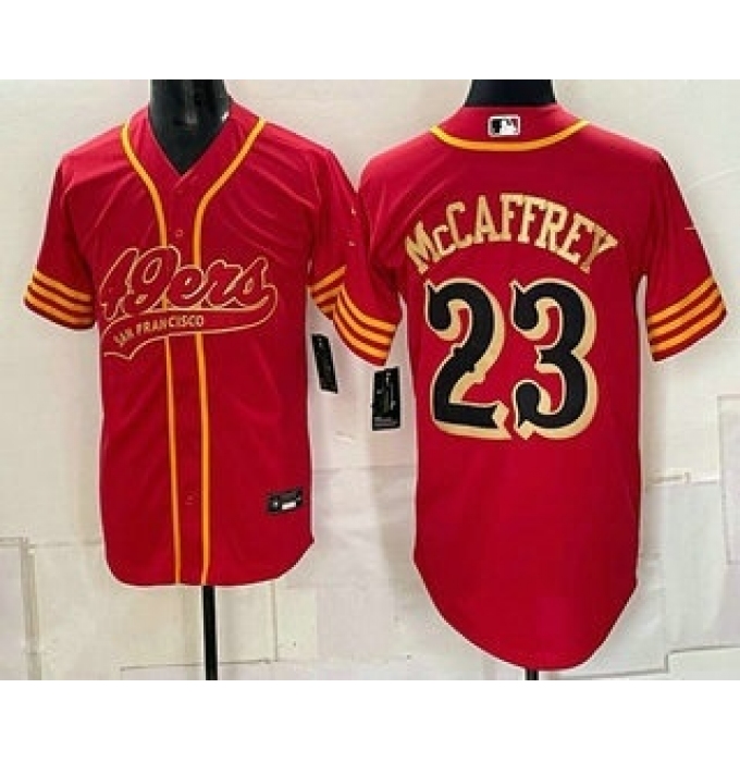 Men's San Francisco 49ers #23 Christian McCaffrey Red Gold Cool Base Stitched Baseball Jersey