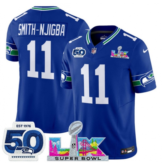 Men's Seattle Seahawks #11 Jaxon Smith-Njigba Royal 2025 F.U.S.E. Super Bowl LX And 50th Season Vapor Throwback Limited Football Stitched Jersey