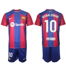 Men's Barcelona #10 Ronaldinho Blue Red 2023-24 Home Soccer Jersey
