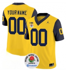 Men's Michigan Wolverines ACTIVE PLAYER Custom 2023 F.U.S.E. Yellow Navy Rose Bowl Patch Stitched Jersey