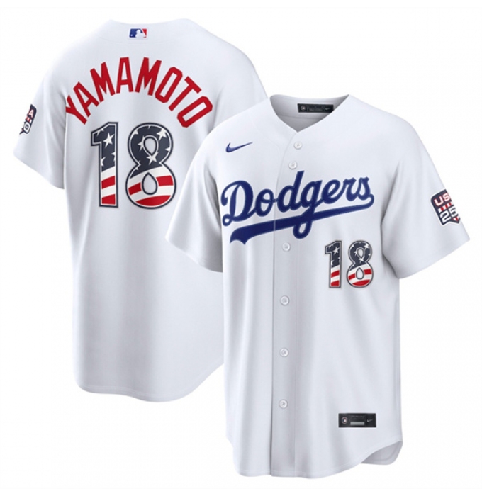 Men's Los Angeles Dodgers #18 Yoshinobu Yamamoto White USA 250 Fourth of July Home Stitched Baseball Jersey