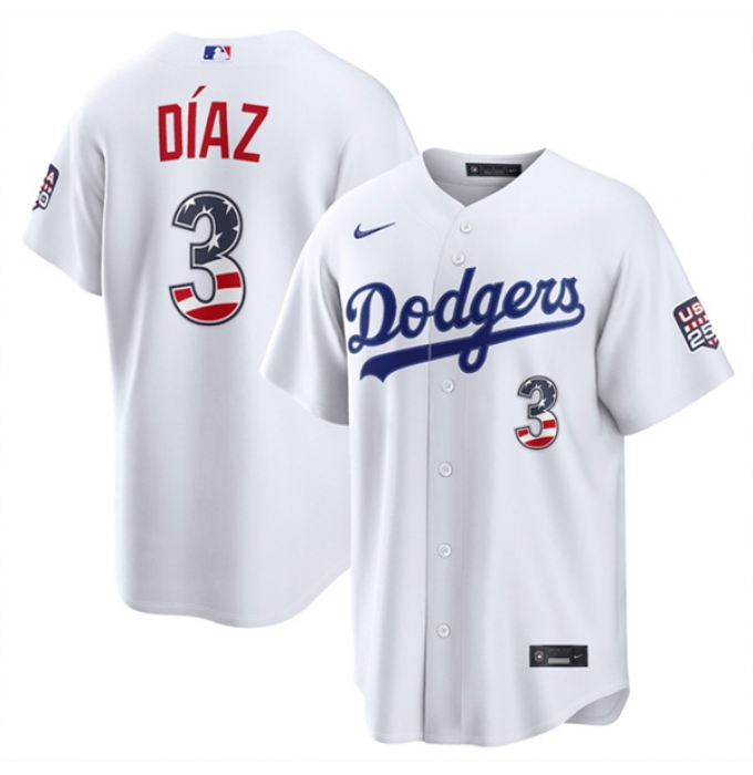 Men's Los Angeles Dodgers #3 Edwin Díaz White USA 250 Fourth of July Home Stitched Baseball Jersey