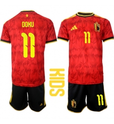 Youth Belgium #11 DOKU National Team FIFA x World Cup 2026 Home Red On Field Kids Jersey