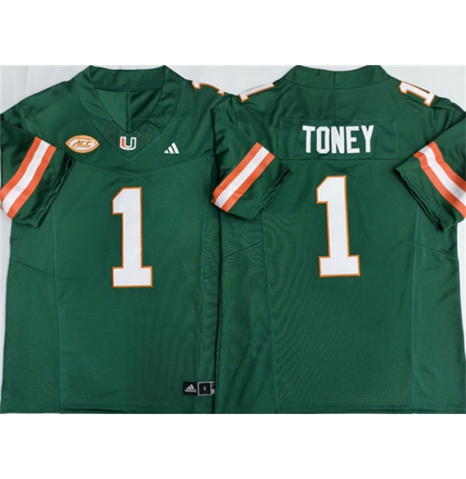 Men's Miami Hurricanes #1 Malachi Toney Aqua F.U.S.E. Stitched Football Jersey
