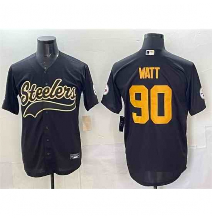 Men Pittsburgh Steelers 90 T J Watt Black Cool Base Stitched Baseball Jersey