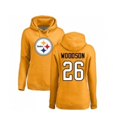 Football Women's Pittsburgh Steelers #26 Rod Woodson Gold Name & Number Logo Pullover Hoodie