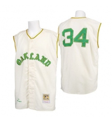 Men's Mitchell and Ness 1968 Oakland Athletics #34 Rollie Fingers Replica Cream Throwback MLB Jersey