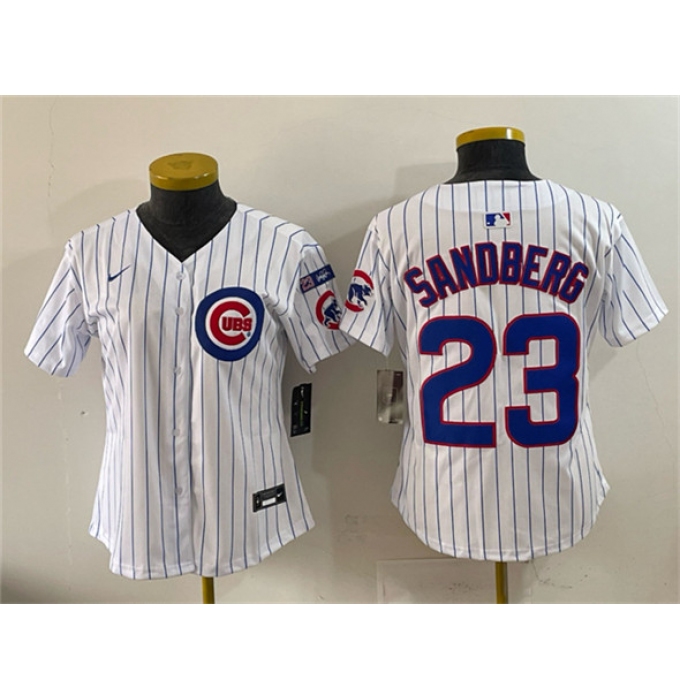 Women's Chicago Cubs #23 Ryne Sandberg White Pinstripe 'Ryne Sandberg Tribute' Vapor Limited V3 Stitched Baseball Jersey(Run Small)