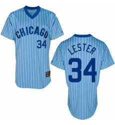 Men's Majestic Chicago Cubs #34 Jon Lester Authentic Blue/White Strip Cooperstown Throwback MLB Jersey